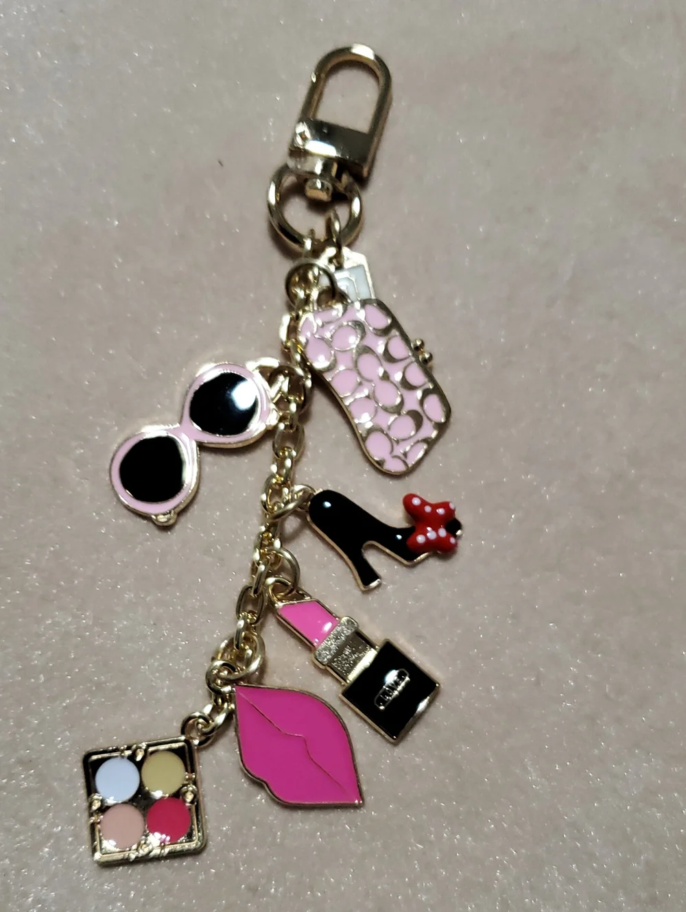 Source Unknown Gold-Tone Charm Keychain with Pink, Black & Red Accents